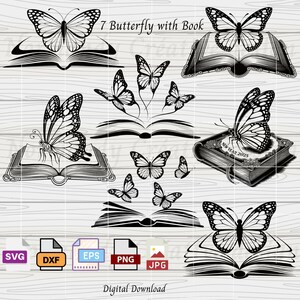 Butterfly svg, Butterfly svg bundle, 7 Flying Butterflies Svg Eps Dxf Png and Jpeg, Book with Butterfly Svg, Butterfly clipart, Book svg