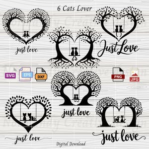 Love cat svg, 6 love cats silhouette Svg Eps Dxf Png and Jpeg, Cat SVG Bundle, heart shaped tree,  two cats on a swing, Animals Svg, pet svg