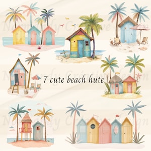 Op de afbeelding: Zeven kleurrijke strandhuisjes met palmbomen en een blauwe lucht. De huisjes zijn geschilderd in verschillende tinten blauw, geel, roze en groen. Sommige hebben deuren en ramen, terwijl andere eenvoudige openingen hebben. De huisjes zijn omringd door weelderige groene palmbomen en een zandstrand.