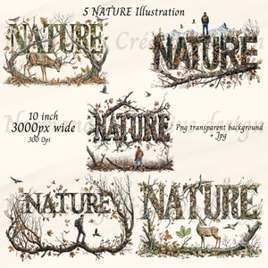 Natura clipart, 5 natura PNG i Jpeg, zwierzęta leśne ludzi i oddział, natura clipartów notatnik, dziennik śmieci, scena przyrody, sublimacja
