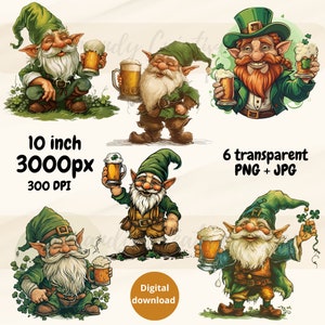 Gnome Patrick’s day Clipart in Different Postures, festive gnome with a mug of beer in his hand in PNG, Instant Download Digital File