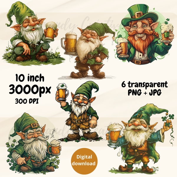 Gnome Patrick’s day Clipart in Different Postures, festive gnome with a mug of beer in his hand in PNG, Instant Download Digital File