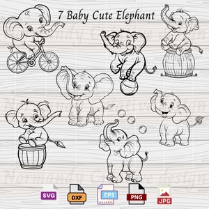 Baby Elephant SVG, 7 Elephant Baby Shower Shirt, Cute Elephant circus Svg Eps Dxf Png and Jpeg, African Animals SVG,  Kawaii Animal svg