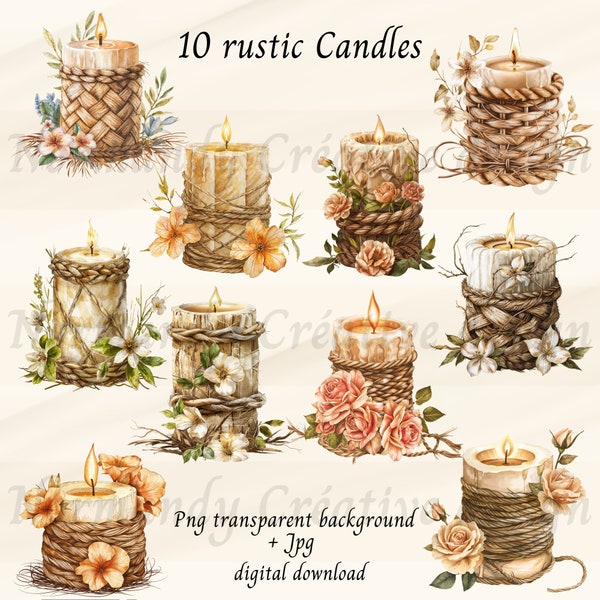 Romantic Candles Clipart, 10 rustic candles clipart png and jpg, Candle sublimation, Candle illustration with flowers png, digital download