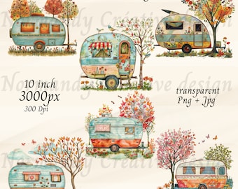 May include: Six watercolor illustrations of vintage caravans with autumnal trees. Each caravan is a different color and has a unique design. The caravans are set against a white background.