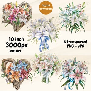 ユリの花の花束のクリップアート、ユリの花と流木 png、インスタント ダウンロード用のデジタル ファイル、png/jpg ファイル。