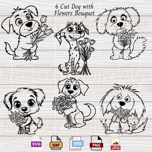 Cute dog svg, 6 Cute dog with flowers Svg Eps Dxf Png and Jepg, Pet Svg bundle, nursery decor clipart, Vector drawing, Cricut svg files