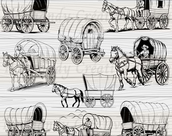 Western Illustrations SVG, Western Cowboy SVG, 9 Covered Wagon SVG File and Dxf Eps Png Jpg, Wagons Clip Art Bundle, Wagon and horse Svg