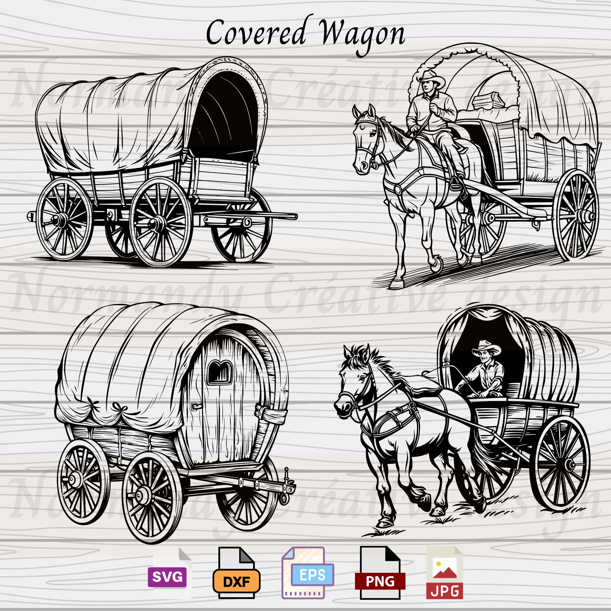 Western Illustrations SVG, Western Cowboy SVG, 9 Covered Wagon SVG File and Dxf Eps Png Jpg ...