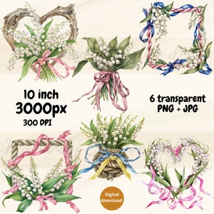Bouquet de muguets en aquarelle, composition de muguet en cœur simple ou avec du bois flotté ou en rectangle de corde. clipart en png/jpg