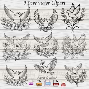 鳩 SVG、飛んでいる鳩のシルエット、花を持つ鳩 Svg Eps Dxf Png と Jpg、9 鳩 SVG、グラフィック鳩、飛んでいる鳩クリップアート、
