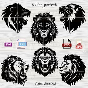ライオン svg、ライオン フェイス svg、6 ライオン ヘッド svg Eps Png および jpg、ライオン フェイス 轟音、SVG カット ファイル、昇華用デザイン、インスタント ダウンロード