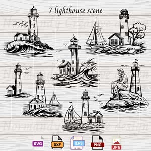 Lighthouse SVG, set of 7 seaside lighthouses Svg Eps Dxf Png and Jpeg, Ocean Lighthouse SVG Pack, Nautical svg, Sea Svg, Lighthouse Clipart