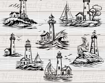 Lighthouse SVG, set of 7 seaside lighthouses Svg Eps Dxf Png and Jpeg, Ocean Lighthouse SVG Pack, Nautical svg, Sea Svg, Lighthouse Clipart
