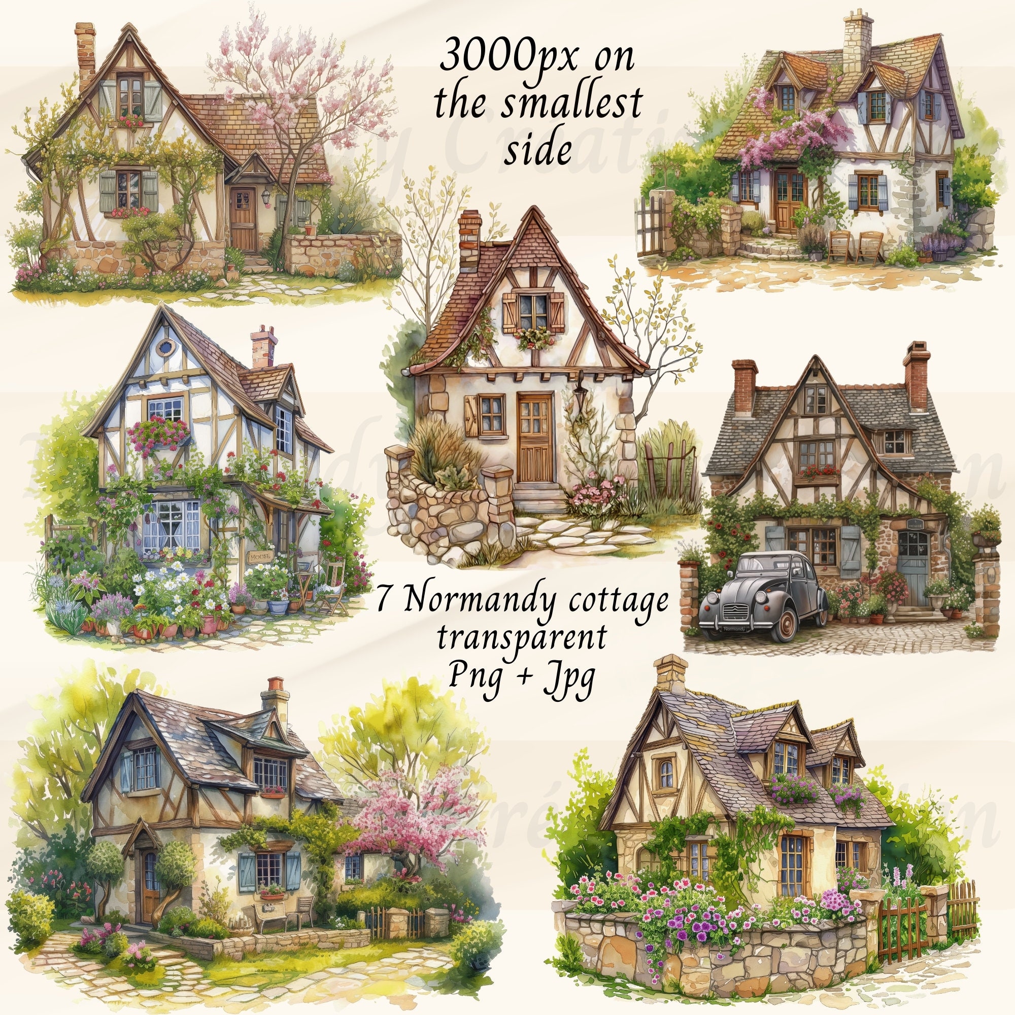 7 Colorful Houses Clipart, French Country Cottage Watercolor Clipart ...