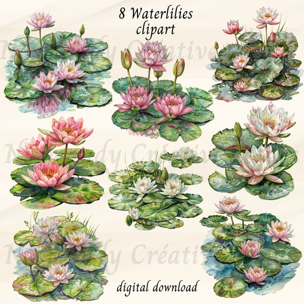 water lilies clipart, 8 waterlilies Png trensparent background and Jpg, Water lily clipart, Floral Nature Pond Watercolour, water flowers