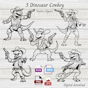 Dinosaur Cowboy, 5 Funny Western Dinosaur Svg Eps Png and Jpeg, Dinosaur Western Fantasy clipart, T-Rex Cowboy Svg, Dino cowboy png