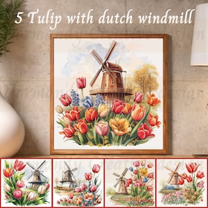 Tulipanes holandeses acuarela holandesa con molino de viento, 5 molino de viento holandés PNG fondo no transparente, ilustración de molino de viento holandés, imprimible digital