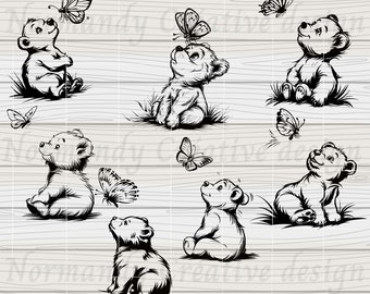 Bear Svg Bundle, Baby cub Svg, 7 Cute Baby Bear with butterfly, baby bear SVG file, Download files Svg Dxf Eps Png and Jpeg