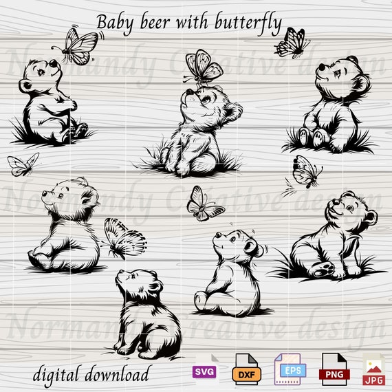 Bear Svg Bundle, Baby cub Svg,  7 Cute Baby Bear with butterfly, baby bear SVG file, Download files Svg Dxf Eps Png and Jpeg