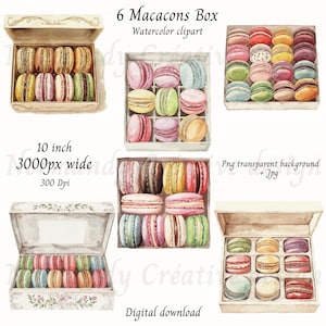 Könnte beinhalten: Aquarell-Illustration von sechs Schachteln mit Macarons in verschiedenen Farben. Jede Schachtel enthält eine andere Auswahl der französischen Konfektware. Das Bild enthält den Text "6 Macarons Box" und "Watercolor clipart". Das Bild ist 25,4 cm breit.