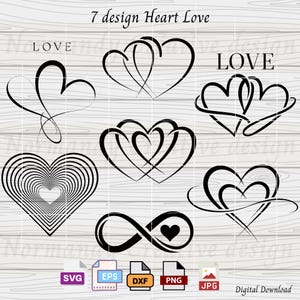 Könnte beinhalten: Sieben schwarze und weiße Herzdesigns mit dem Wort "LOVE" zweimal geschrieben. Die Designs beinhalten ein Herz mit einem Unendlichkeitszeichen, ein Herz mit einem Wirbel und ein Herz mit mehreren Schichten. Der Text "SVG, EPS, DXF, PNG, JPG, Digitaler Download" befindet sich am unteren Rand des Bildes.