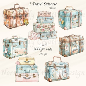 Maleta Clipart, Vacation Clipart, 7 Maletas clipart Png y Jpg, Vintage Travel Clipart, Acuarela Retro maletas de viaje con pegatinas