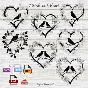 SVG Pareja Pájaro San Valentín, 7 Pájaros del amor Svg Eps Dxf Png y Jpeg, Imágenes prediseñadas de pájaros, rama de pájaro del amor svg, Archivos svg de pájaros para silueta