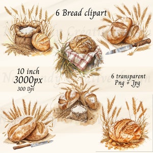 May include: Six watercolor illustrations of various breads, including loaves, rolls, and baguettes, with wheat stalks and a knife. The illustrations are on a cream background.