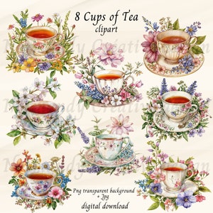 Clipart tazza di tè ad acquerello, 8 clipart floreali per l'ora del tè Png e Jpg, clipart di tazze da tè vintage, fiore tazza da tè Png, illustrazione di tazza da tè