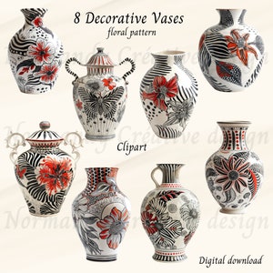 Peut inclure: Huit vases décoratifs avec des motifs floraux noirs et blancs et des accents rouges. Les vases sont de formes et de tailles variées.  8 Vases décoratifs motif floral Clipart Téléchargement numérique