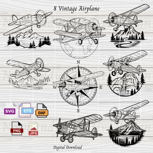 vintage plane svg, 8 old Biplane Svg Eps Dxf Png and Jpeg, Airplane Clipart, Airplane Png, Adventure Svg, retro propeller plane svg