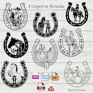 Retro Cowgirl Svg, 8 Western cowgirl Svg Eps Dxf Png and Jpeg, Cowgirl on horse svg,  horseshoe Svg, country cowgirl silhouette, Horse Svg