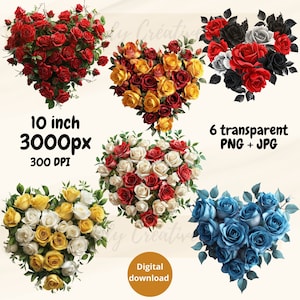 Hearts made of red, yellow and blue roses, ideal for celebrating love, valentine’s day, 6 PNG transparent, Instant Download Digital File