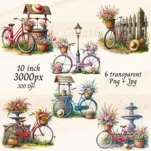 Lente fietsen clipart, 6 aquarel fiets clipart, bloemenmand fiets PNG en JPG, vintage fiets, fiets met bloemen