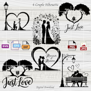 Silueta de pareja SVG, 6 pareja romántica Svg Eps Dxf Png y jpeg, Clipart del Día de San Valentín, Amantes SVG, Silueta de pareja de amor negro Svg Png