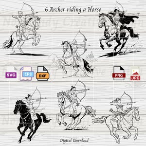 Tiro con arco a caballo, 6 arquero montando a caballo Svg Eps Dxf Png y Jpeg, arquera femenina SVG, caza arquero Svg, cavalryman svg, Vector Clipart png