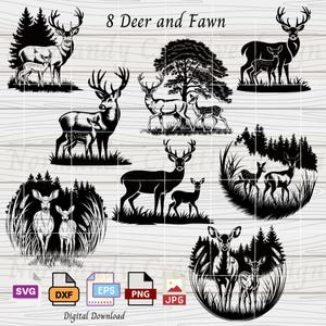 Deer Bundle SVG, 8 Deers with Fawn Svg Eps Dxf Png and Jpeg, Deer Family SVG File, Doe and fawn svg, Forest deer svg bundle, Forest Deer