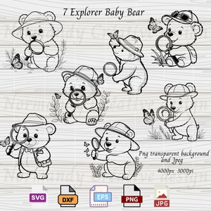 Bear Svg Bundle, Baby cub Svg,  7 Cute Baby Bear with butterfly, baby bear SVG file, Bear clipart, Download files Svg Dxf Eps Png and Jpeg