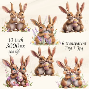 Watercolor Easter couple Bunny Clipart, Easter Wall Art cute Bunny,  High Quality PNG transparent background and JPG, Digital Download