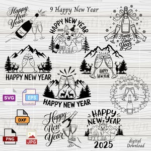 SVG Nouvel An 2025, 9New Year Bundle Svg Eps Dxf Png and Jpeg, Designs Champagne et Mountain,  Happy New Year 2025 Svg Png, Champagne Flutes