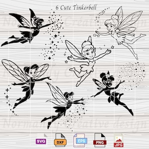 Peut inclure: Six images en silhouette noire et blanche de fées Tinkerbell avec des ailes et de la poussière de fée. Chaque fée est dans une pose différente, certaines tenant une baguette et d'autres volant.