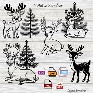 Christmas SVG Clipart Bundle, 5 Reindeer Svg Eps Dxf Png and Jpeg, naive art Reindeer svg laser, cute Reindeer svg, Reindeer Vector ClipArt