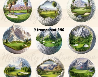 May include: Nine digital images of golf balls with different scenic landscapes inside. Each image is 10 inches and 300 DPI. The landscapes include mountains, palm trees, and green grass.