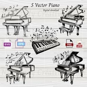 Piano svg, 6 piano con notas musicales Svg Eps Png y Jpeg, Música SVG, archivo de corte de piano, Piano Clipart, Grand Piano Outline, SVG musical