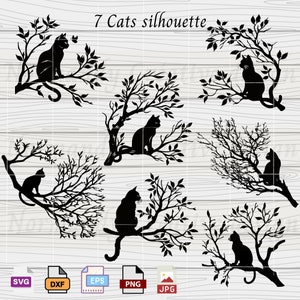 Katze auf einem Baum SVG, 7 Katzen Silhouette SVG, schwarze Katze SVG Eps Dxf Png und Jpg, Katzen Silhouetten SVG Bundle, Katzen SVG für Cricut, digitaler Download