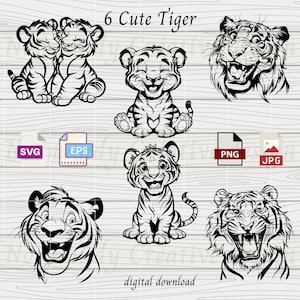 かわいいトラ Svg、6 匹の動物 Svg Eps Png と Jpg、6 匹のトラ svg、トラの子の svg、赤ちゃんトラの svg ファイル、トラの頭 svg、デジタル ダウンロード