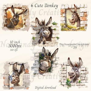 Cute Donkey clipart, 6 Donkeys clipart bundle Png and Jpeg, Funny Donkey Png, cute animal Farm clipart, Nursery design, instant download