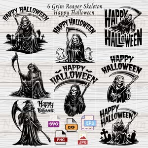 Grim Reaper Svg, 8 Skeleton Svg Eps Dxf Png and Jpeg, Halloween Svg, Grim Reaper Clipart with text "Happy Hallowen", Tombstones Svg png