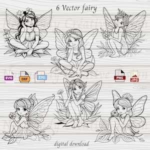 Puede incluir: Seis ilustraciones en blanco y negro de hadas con alas. Cada hada está sentada en un lecho de hojas y flores. Las hadas tienen diferentes peinados y expresiones.